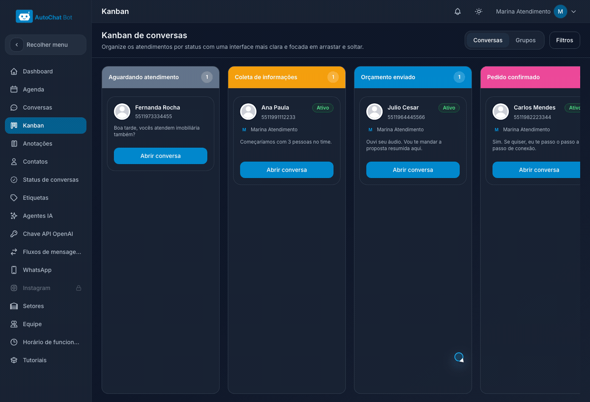 Demonstração do Kanban do AutoChat Bot arrastando conversas entre etapas do atendimento